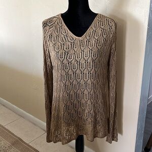 Adrienne Vittadini 100%silk crochet pullover top long sleeve loose knit beige M